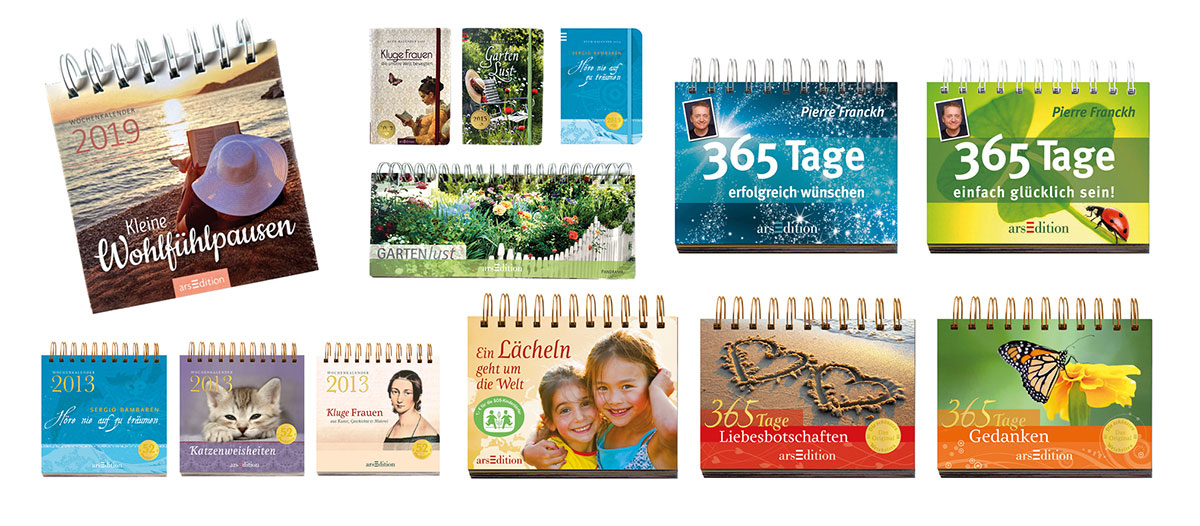 Cover- und Innenseitengestaltungen von Kalendern, Büchern und Aufstellern für ArsEdition